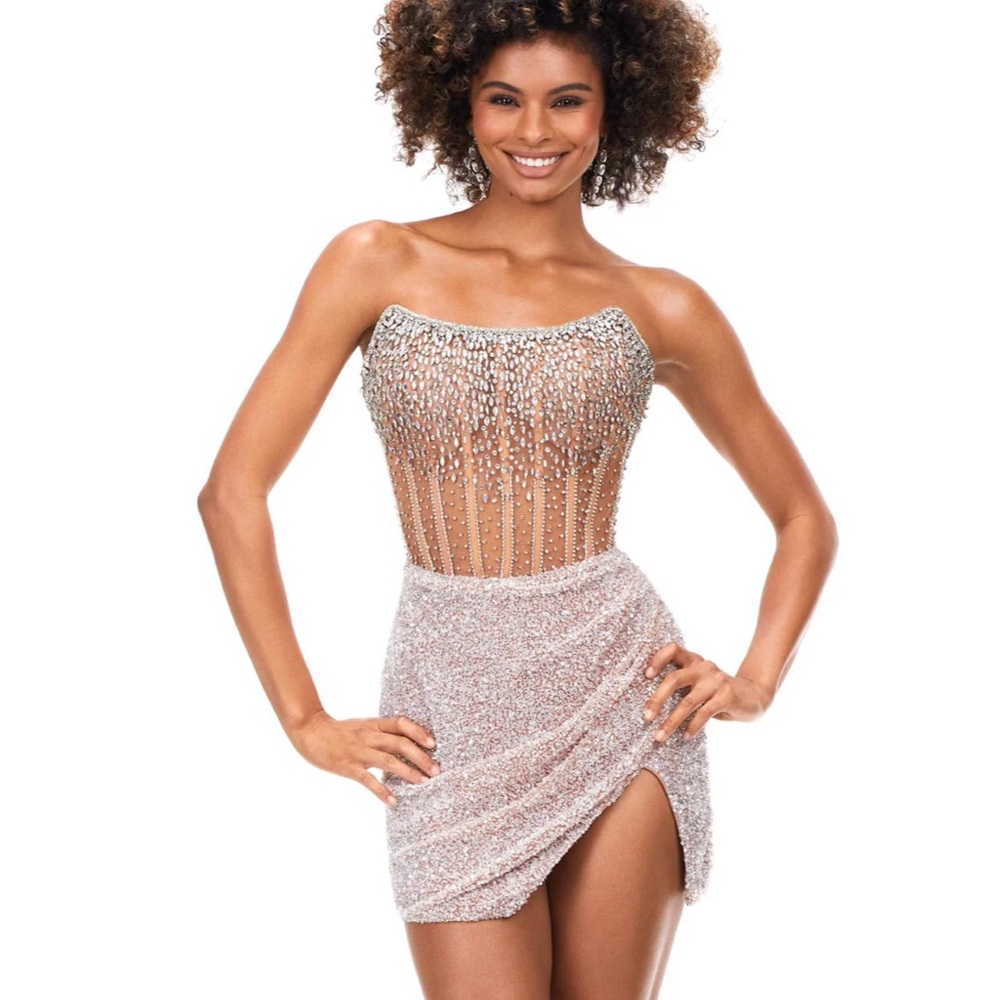 Ashley Lauren nude gold beaded dress
